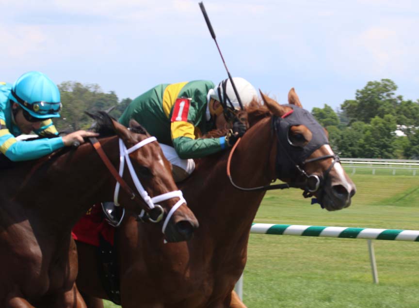 Just Howard (inside) held off Bonus Points to win the Caveat Stakes. Photo by Laurie Asseo. Just Howard