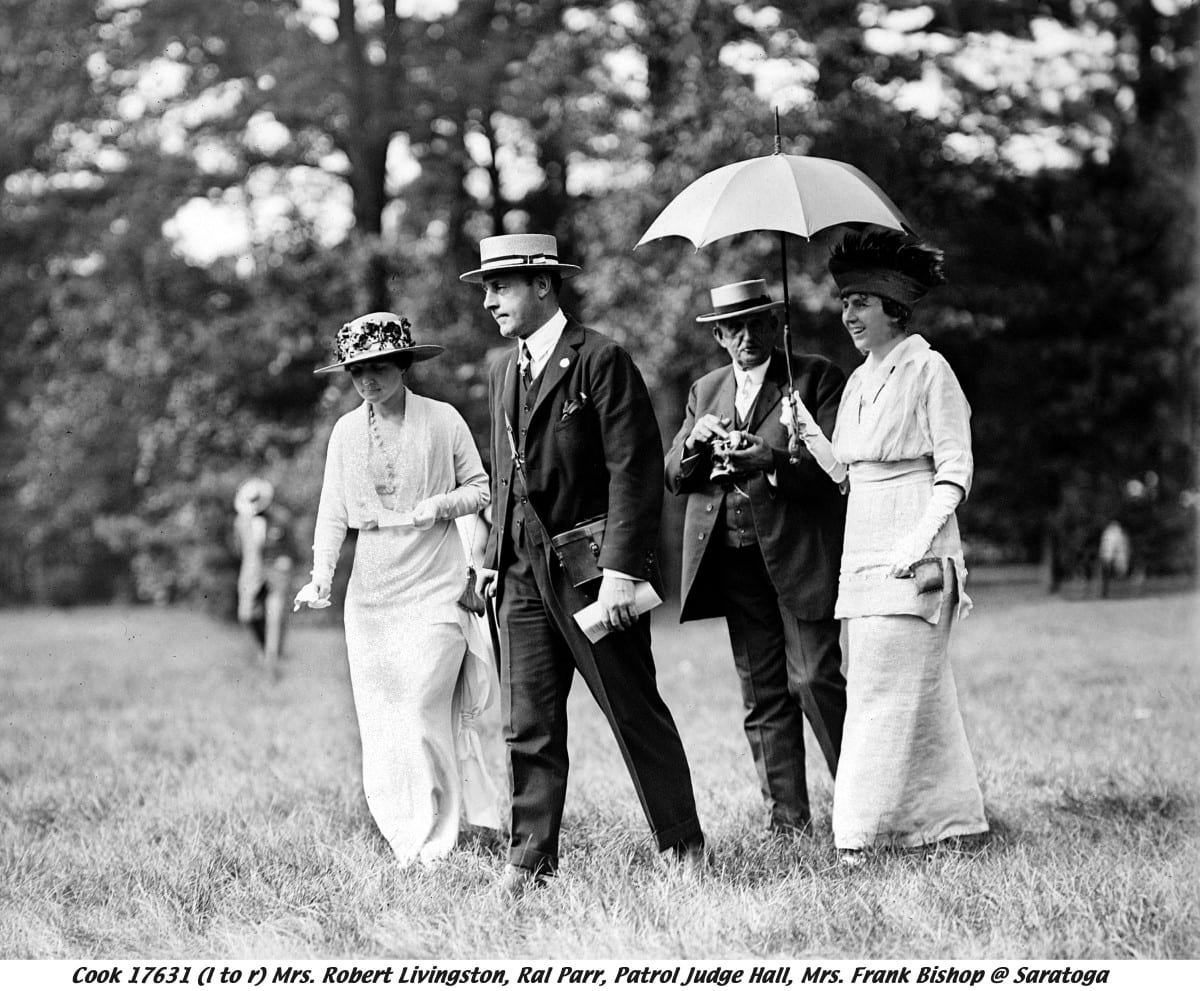 Keeneland Library Cook Collection 17631 -Mrs Cornelia Gerry, Ral Parr, Patrol Judge Hall, Mrs Frank Bishop @ Saratoga Ral Parr