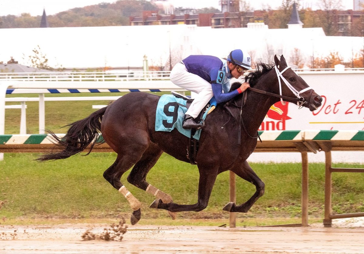 Out of Sorts broke her maiden in 2020 at Laurel Park. Photo by Jim McCue, Maryland Jockey Club. Out of Sorts
