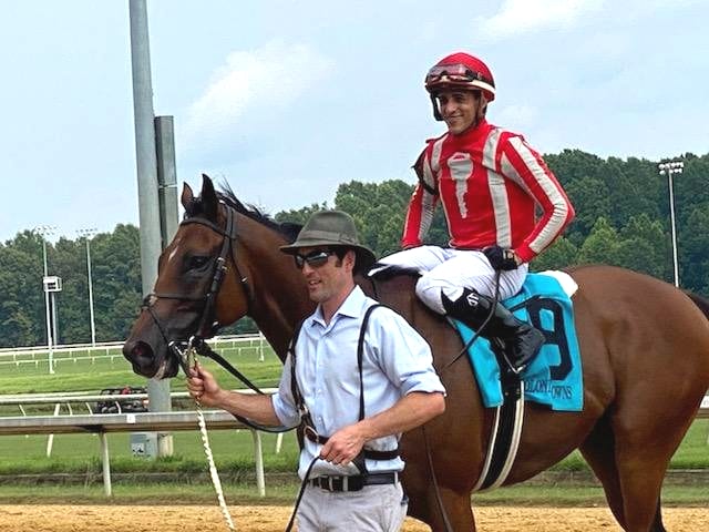Jevian Toledo won the Meadow Stable Stakes aboard Grateful Bred. Photo by Nick Hahn. Jevian Toledo