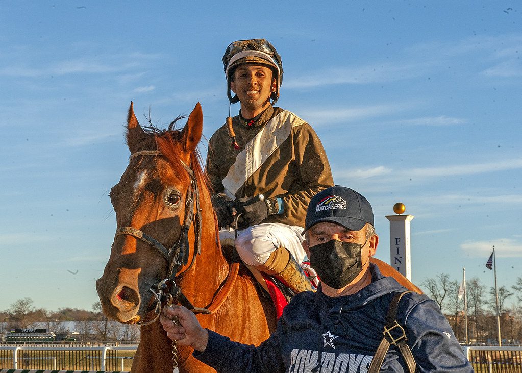 Cordmaker and Victor Carrasco won the Robert T. Manfuso Stakes in December. Photo Jerry Dzierwinski. Cordmaker-Victor Carrasco